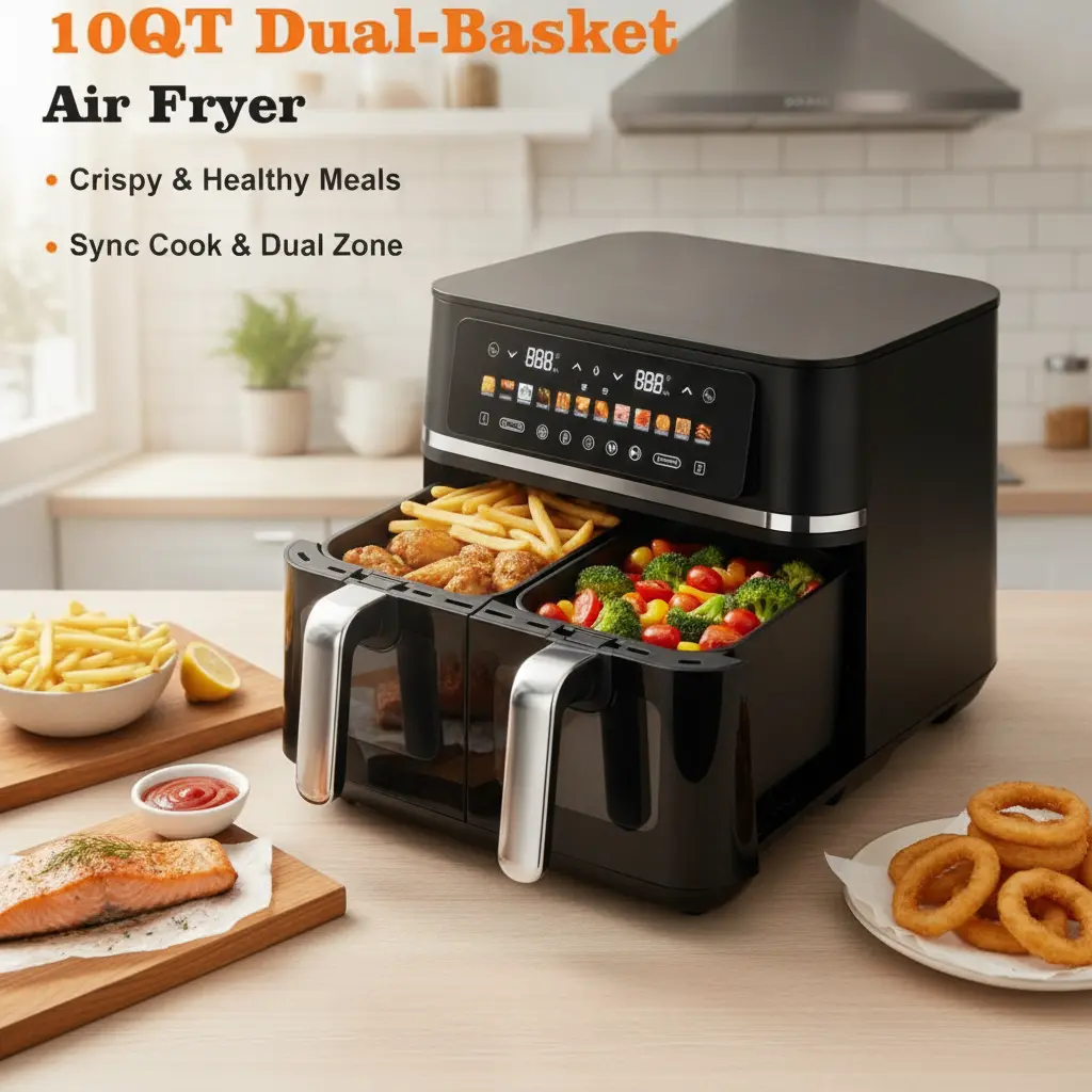 10Qt 12-In-1 Dual Air Fryer with Double Baskets - Sync Cook, End-to-Bake, Roast, Reheat, Broil for Family Meals, Dishwasher Safe, Includes 50 Air Fryer Paper Liners