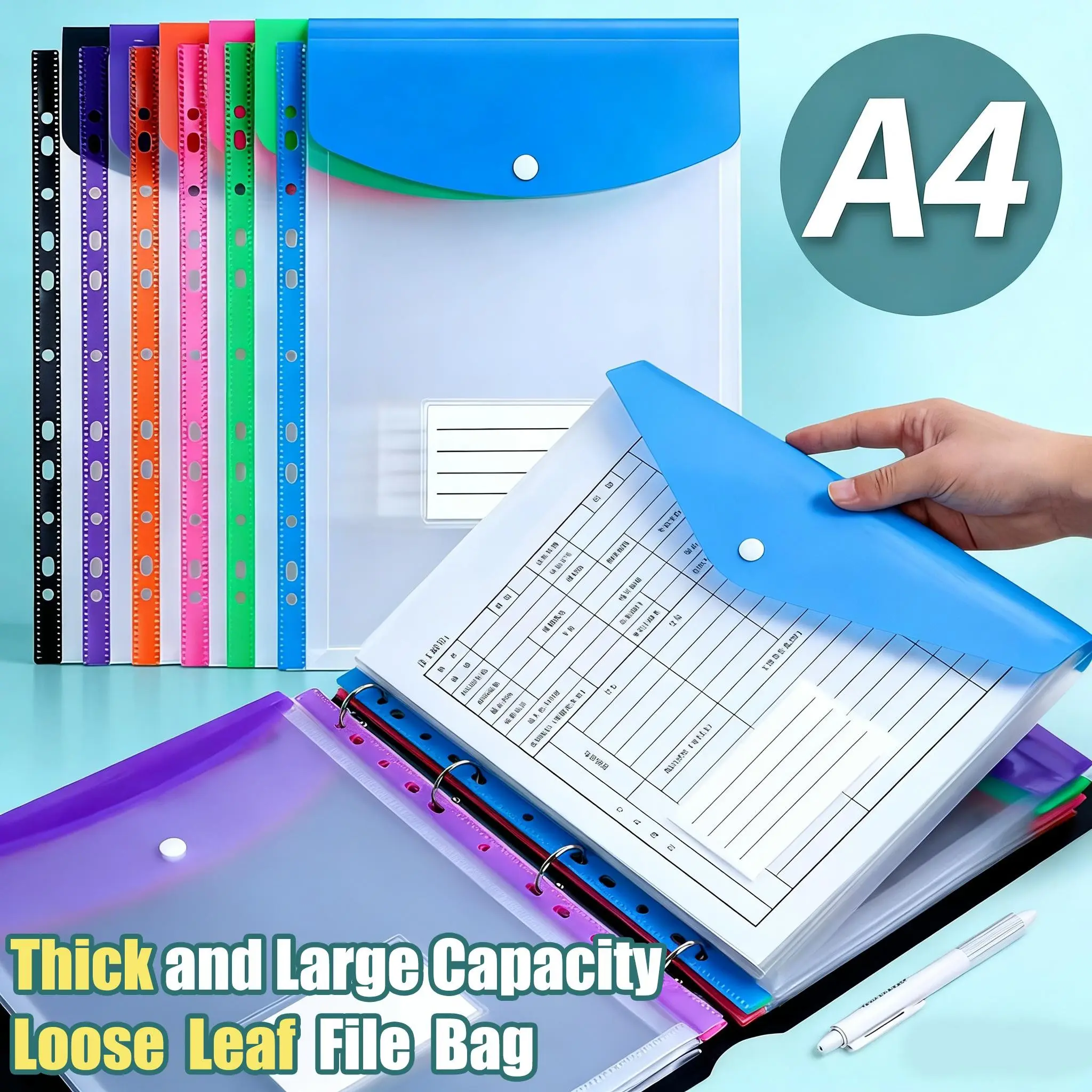 6 Pack Plastic Envelopes Binder Pocket 11 Holes Expandable Binder Folders File Folder for 2/3/4 Ring Document Pouch with Snap Button & Label Loose-Leaf Transparent for School Home Office Supplies