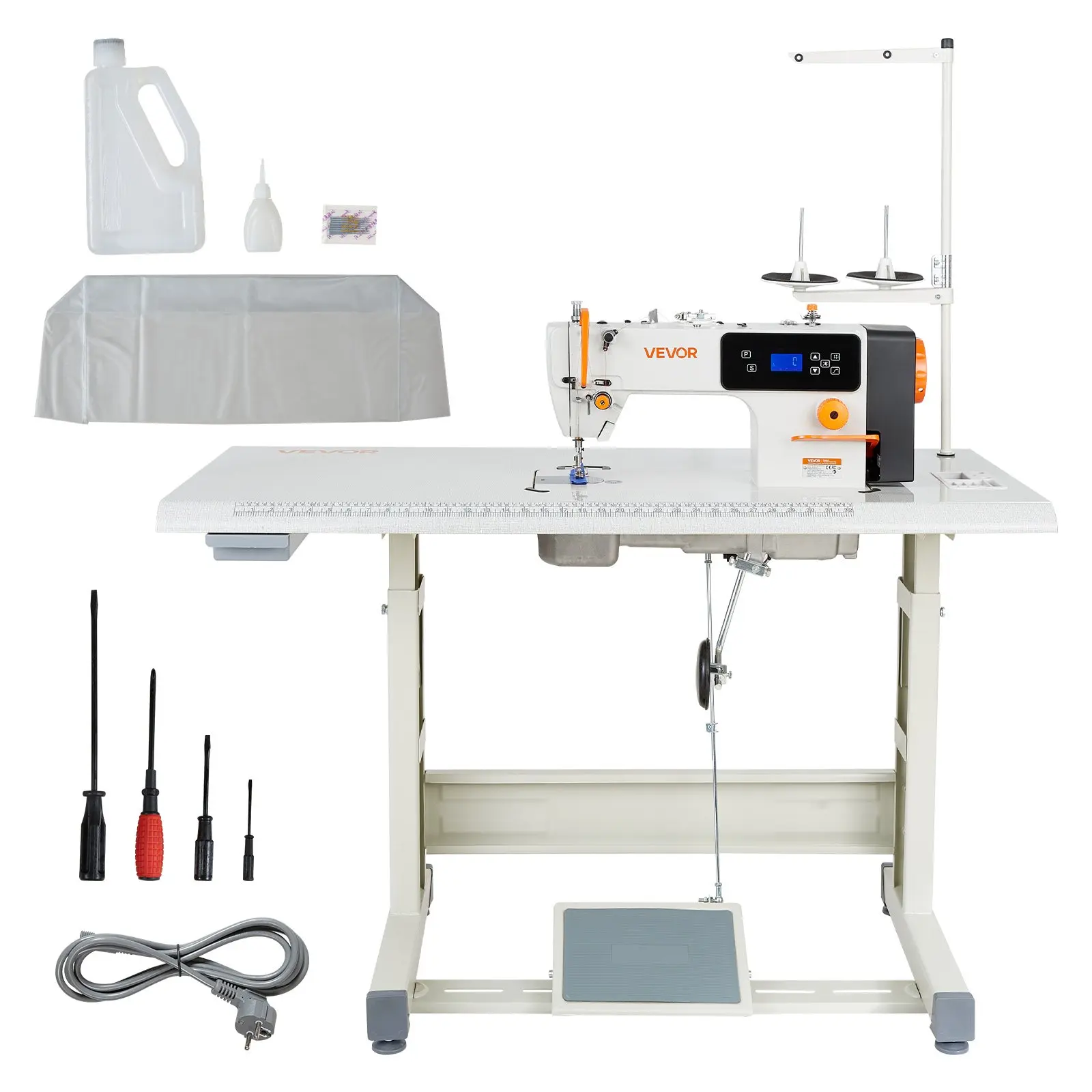 【Summerfinds】VEVOR Heavy-Duty High-Speed Industrial Automatic Lockstitch Sewing Machine Set, 550W Servo Motor, Table Stand, Auto Thread Trimmer, 5000 RPM, Aluminum Alloy Frame, LCD Panel, LED Light, 47.24x21.06x1.54in, for Cotton, Denim, Outdoor Gear, Gar