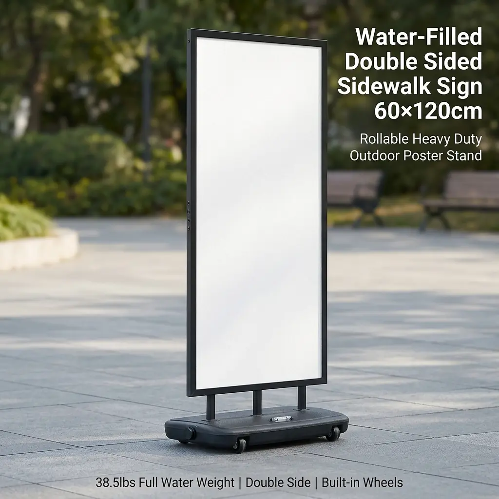 Water Filled Double Sided Sidewalk Sign Stand 60x120cm with 2 Embedded Rolling Wheels, Windproof Heavy Duty Outdoor Poster Frame Holds 5mm Foam Board, 38.5LBS Full Water Weight Street Advertising Display for Cafe Retail Shop Farmers Market
