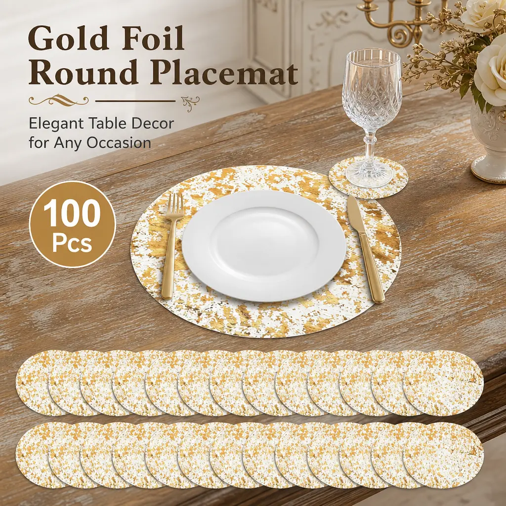 100-Pack Disposable Round Tableware Placemats Set - 13in Metallic Foil Mesh Table Doilies, Durable Ultra-Thin, Easy Cleanup for Wedding, Home Dining (Large Pack, Round Shape)