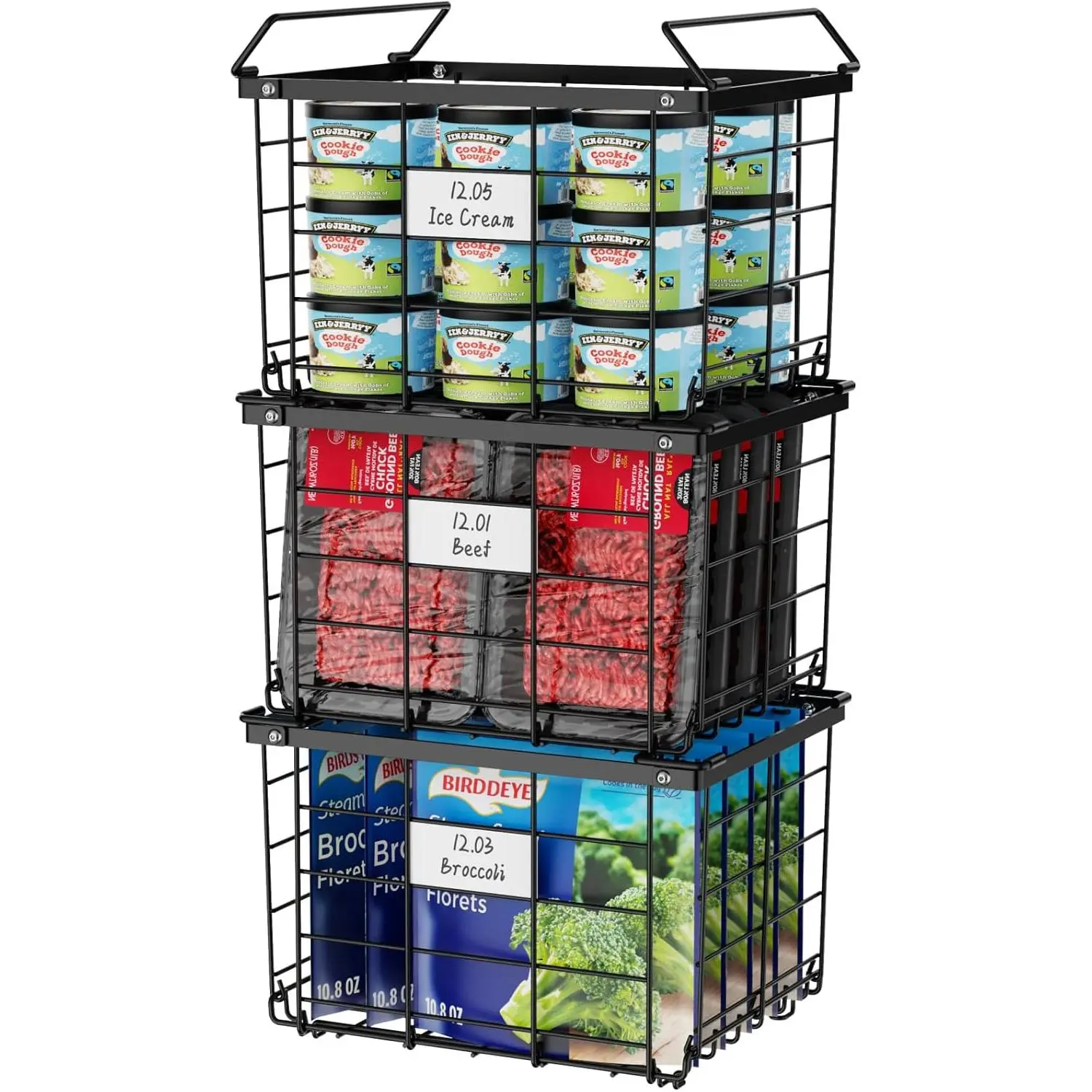 Freezer Organizer Bins - for 3.5 Cu.Ft Deep Freezer, 3 Pack Stackable Chest Freezer Organizer Bins with Label & Folding Handles, Duty, Assembly Required, Black.