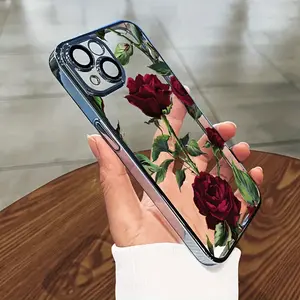 Red rose print pattern mobile phone case for iPhone 17 16 15 14 13 12 11 pro max plus transparent cases electroplating design soft casing shockproof creative design cover