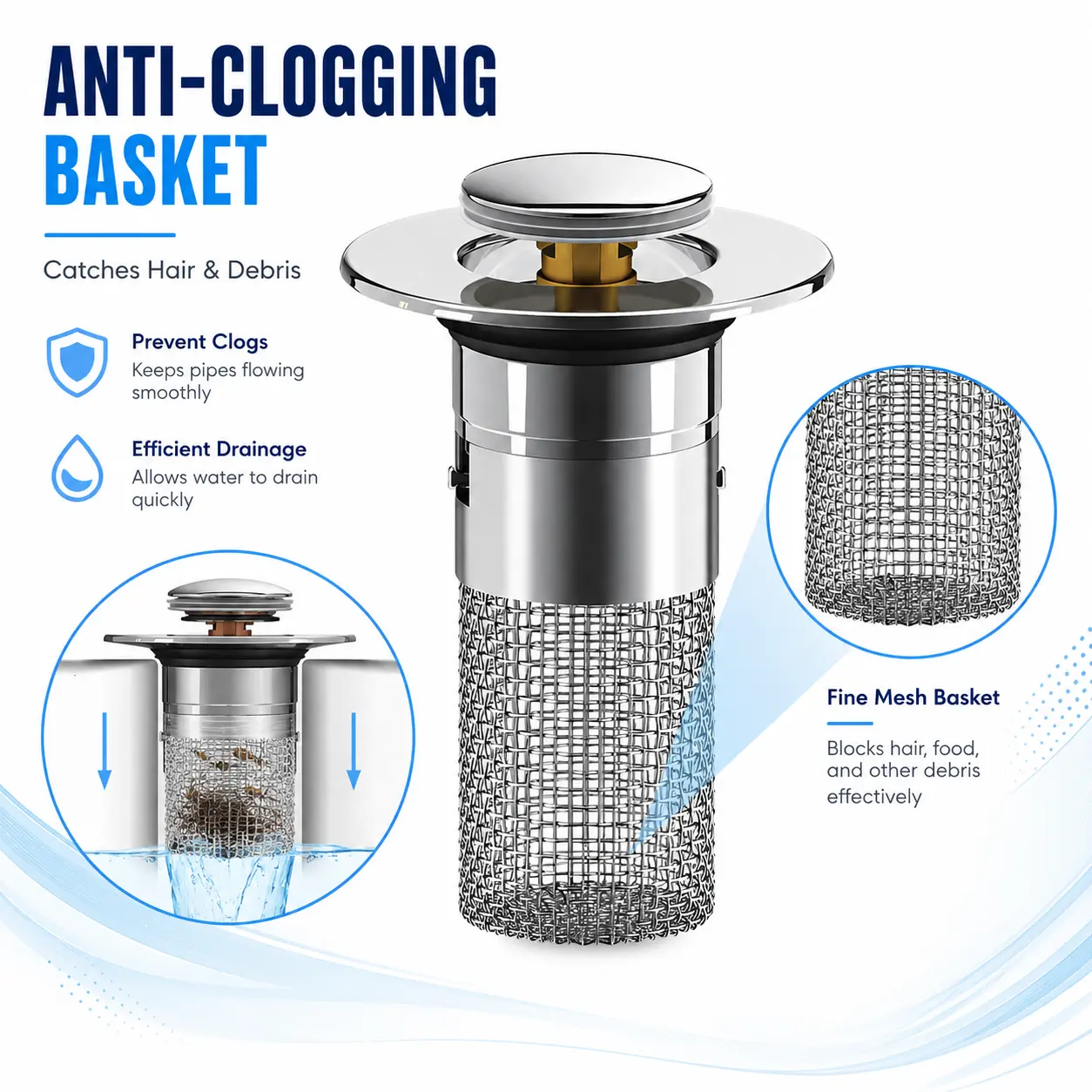 Pop-Up Bathroom Sink Drain Strainer with Removable Stainless Steel Filter Basket, 2PCS Brass Core Plug, Easy Install, Anti-Odor, Easy Clean, Universal for US Bathtub, Shower, Floor Drain, Bathroom Accessories, Home Essentials, Drain Cover