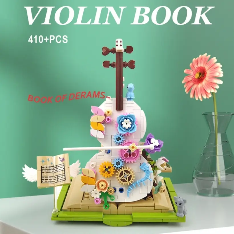 Fantasy Mini Violin Buildable Blocks Kit - DIY Brick Art, Gear Rotating Battery-Free Model Building Toy Set, 602 PCS Violet Potted Plant with Dust-Proof Cover, Creative Musical Instrument Block Set Model Building Kits for Birthday, Christmas Gifts, Do It