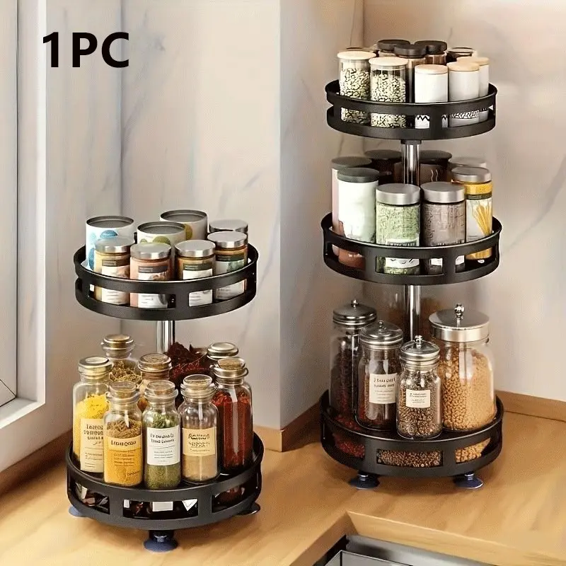 2/3-Tier Multipurpose Rotating Organizer: Space-Saving Kitchen Storage for Tableware, Makeup, and Spices - Adjustable Organiser, Non-Slip, Adjustable Height, and Metal Construction Adjustable Metal Racks Adjustable Shelf Rack Multifunctional Storage Shelf