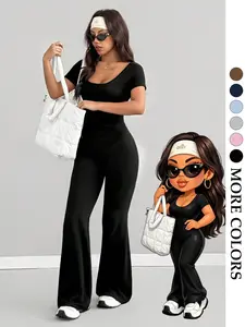 Women's Multicolor Square Neck Bell Bottom One-Piece Pants, Casual Sporty Style, Fitted Slim Fit, High Elasticity, Stretch Jumpsuit, Daily Wear, Light Sports, Commute, Sporty Jumpsuit