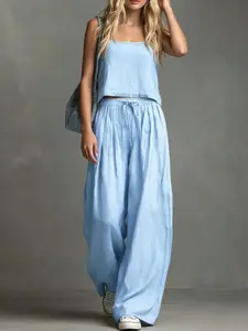 Summer Loose Fit Baggy Light Blue Breathable Linen Two-Piece Set, Square Neck Sleeveless Cami + High Waist Tie Wide Leg Pants, Casual Y2K Trend, Womenswear