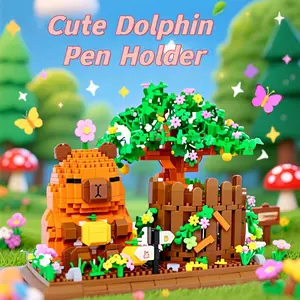 New Large Size Capybara Water Dolphin Building Block Toy, Playable Pen Holder, Storage Box, 1000+ Pieces, Desktop Organizer, Handmade Assembly