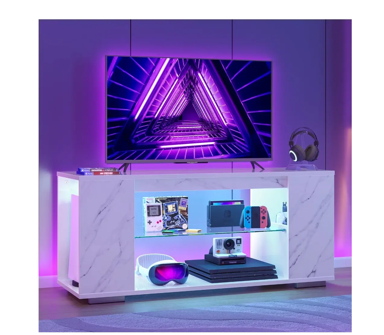 Marble TV Stand for TVs up to 55",LED Gaming Entertainment Center with Side Bookshelf, Marble White