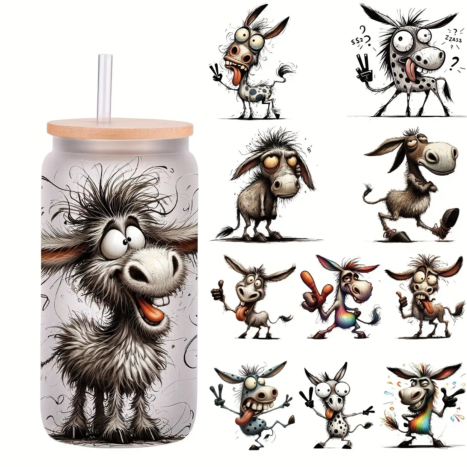 5pcs/Set Funny Donkey 16oz Glass Jars Wrap Stickers Animal Coffee Cup UV DTF High Self-adhensive Decor Wraps Sticker On Mugs