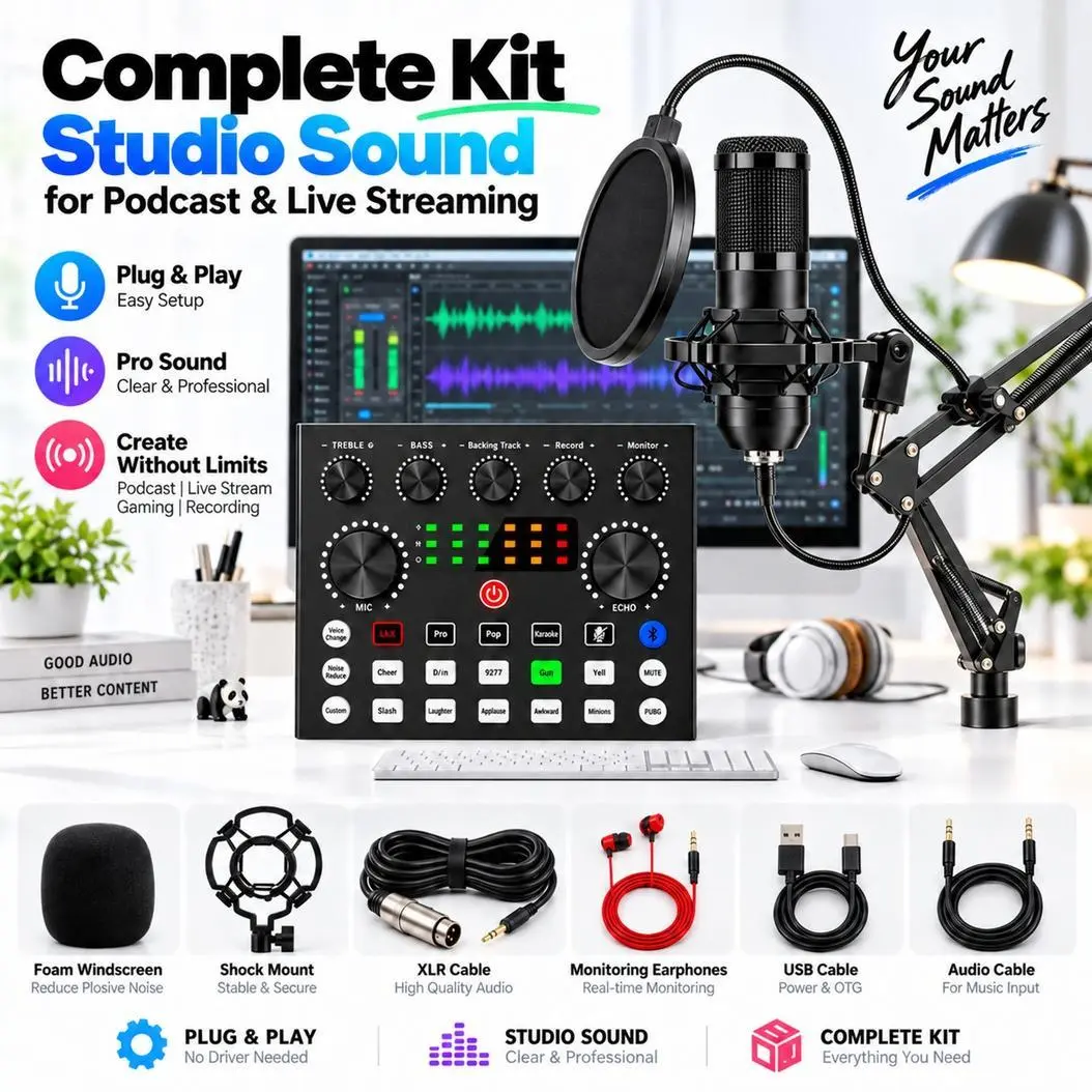 BM800 Black Podcast Microphone Bundle, with V8S Audio Interface, Pop Filter, Shock Mount and Boom Arm, for PC, Mac, iOS and Android Live Streaming and Podcast Recording