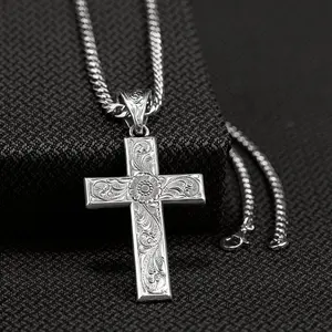 Men’s Stainless Steel Franco-Style Western Cross Charm Choker Necklace, Casual Trendy Jewelry, Statement Religious Fashion Costume Jewelry Accessory