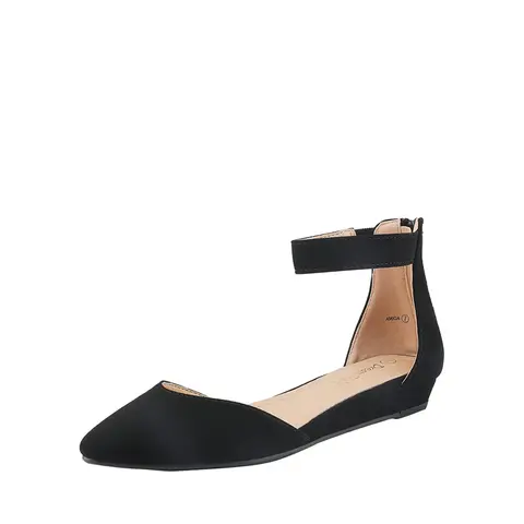 Dream Pairs Women's Pointed Toe Ankle Strap Lightweight Espadrille Flats - 1 inch Low Wedge Heel, Soft Cushioned Footbed, Zip Closure, TPR Rubber Sole Grips, Grounded Walk, Navy PU/Nude Nubuck, Casual Fashionable Flats, Walking Shoes for Work/Weekends,out