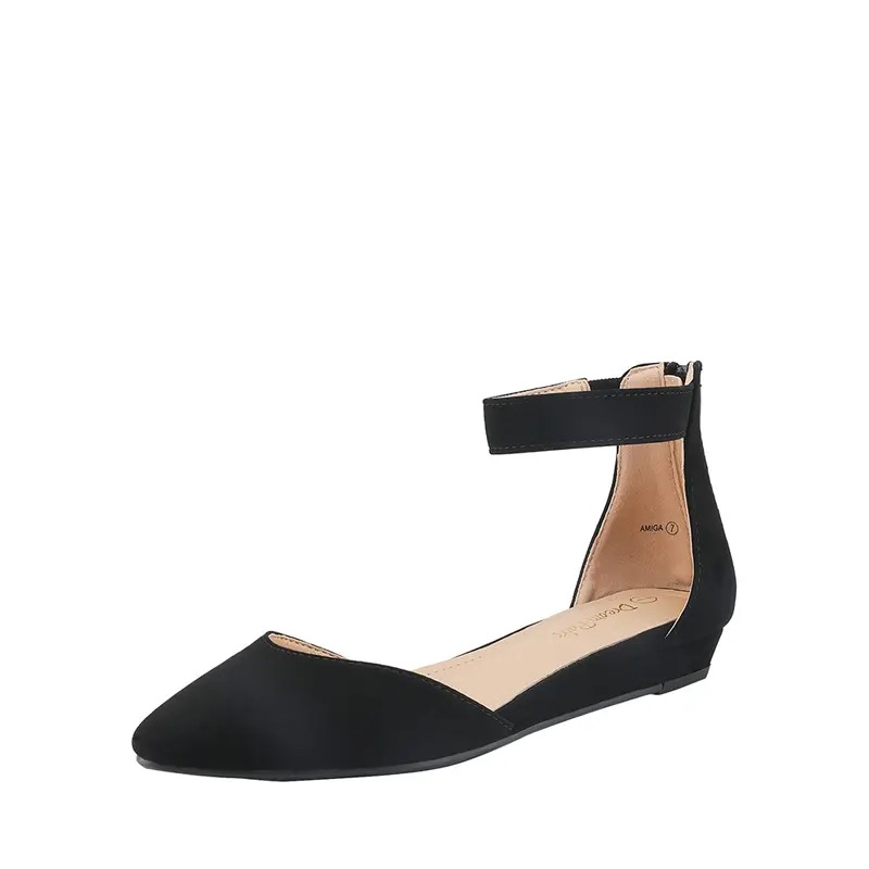 Dream Pairs Women's Pointed Toe Ankle Strap Lightweight Espadrille Flats - 1in Low Wedge Heel, Cushioned Footbed, Zip Closure, TPR Rubber Sole Grips with Ease, Grounded Walk, Navy PU, Nude Nubuck, Easy Flats for Workdays and Weekends, Female Sizes