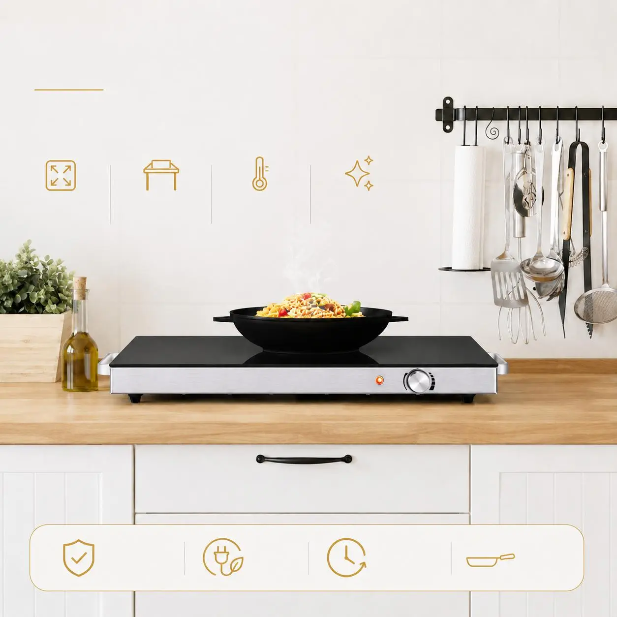 Electric Glass Top Food Warming Tray, Adjustable Temperature Food Warmer Mat, Portable Buffet Server for Parties, Family Dinners, Holiday Meals & Kitchen Countertops