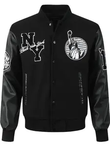 Men's Baseball Jacket Casual Fashion Aesthetic Black High-End Embroidered Button-Up PU Long Sleeve College Style Streetwear Sportswear Embroidery Casual Coat