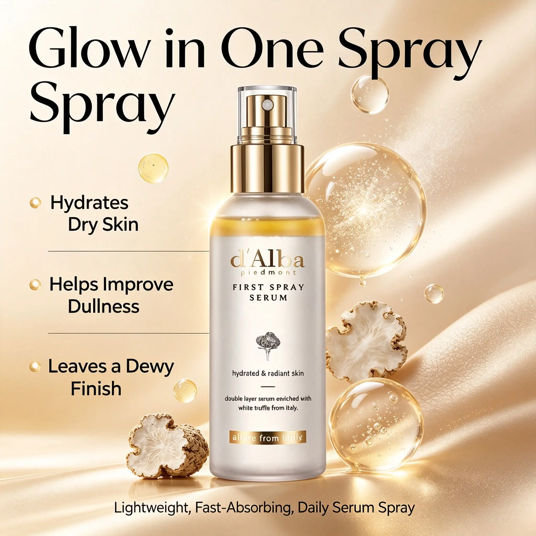 d'Alba Piedmont White Truffle First Spray Serum, Oil‑Water Dual‑Phase Hydrating Facial Mist, 3‑in‑1 Nourishing Serum, Makeup Setting & Refreshing Spray, Antioxidant Glow Boost Face Mist for Dry, Dehydrated & Dull‑Looking Skin