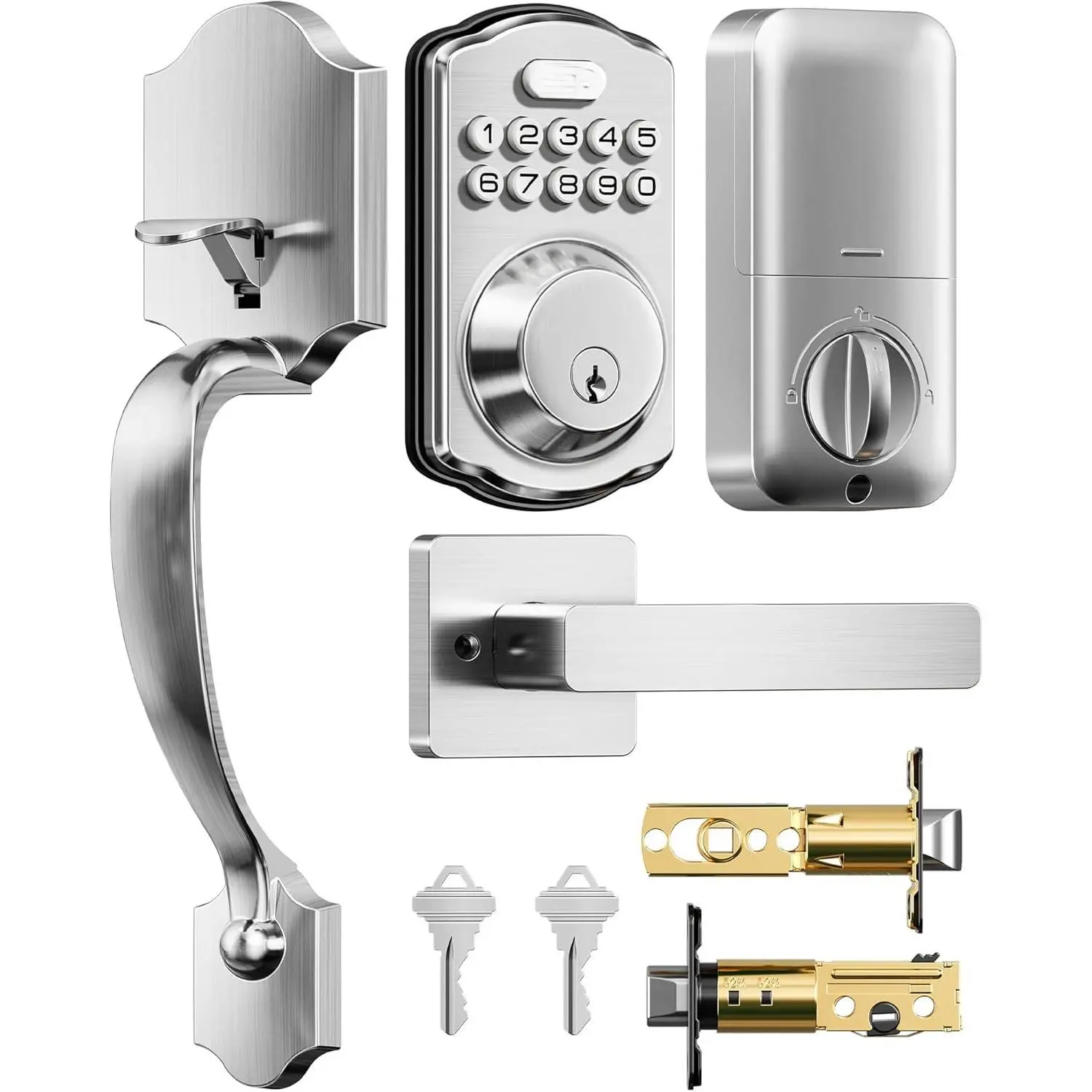 TK001H Keyless Entry Door Lock with Handle Set,  Deadbolt Keypad Door Lock with Code,  Locks for Front Door, Exterior Door Handle, Auto-Lock, Easy to Install, Satin Nickel