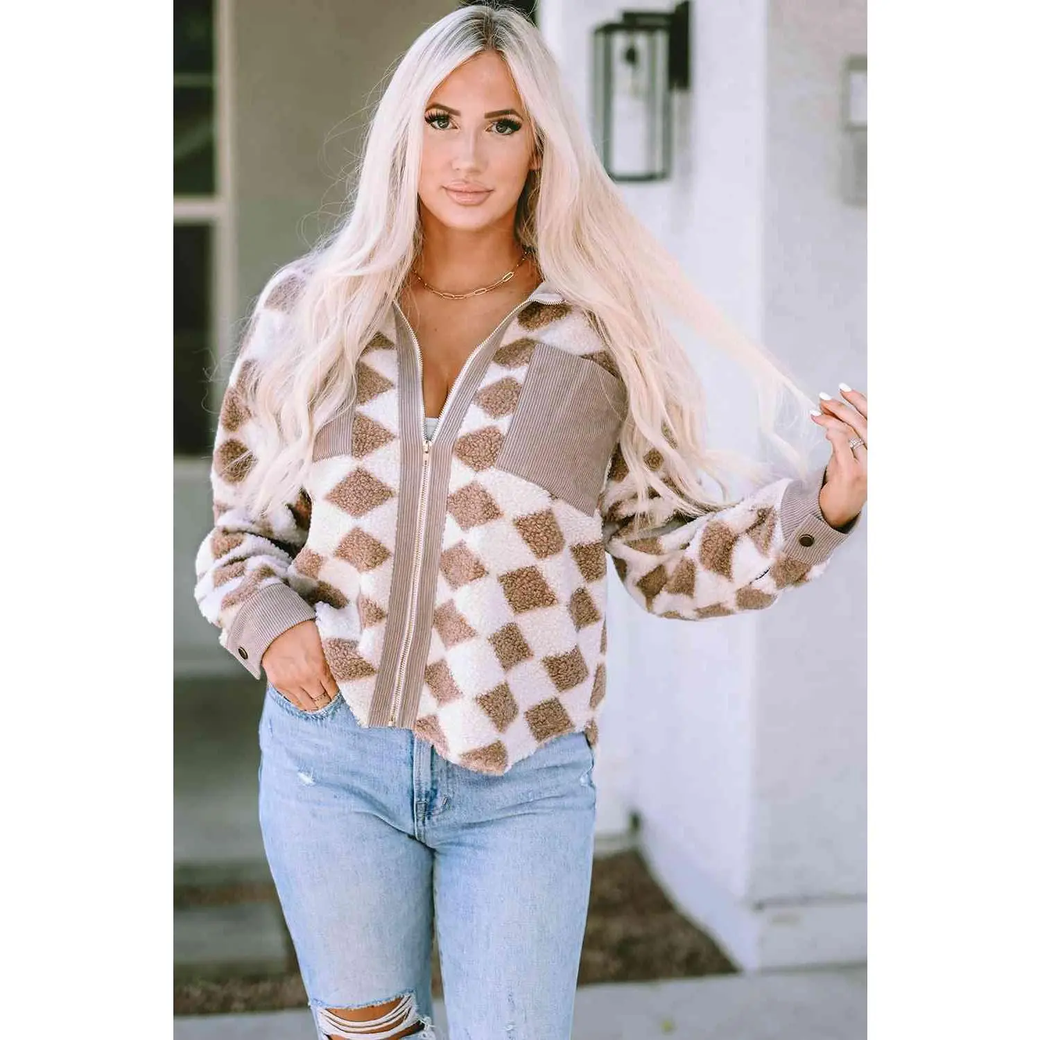 Geometric Zip-Up Collared Jacket