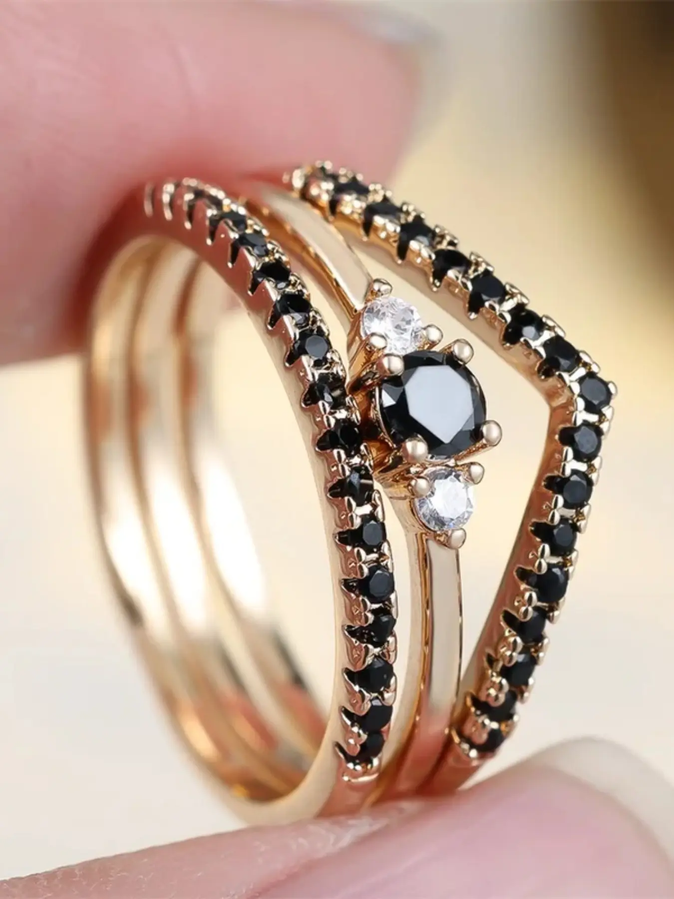 3 Pcs/Set vintage black zirconia Beautiful Rings for women stackable design Three Stone Ring engagement ring wedding jewelry gift for her Stackable Finger Rings