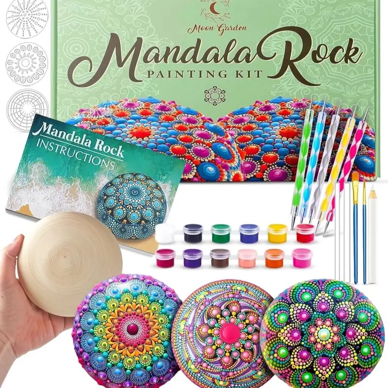 Mandala Rock Painting Kit for Adults & Kids – Dotting Tools, Stencils, Paints & Wooden Rocks