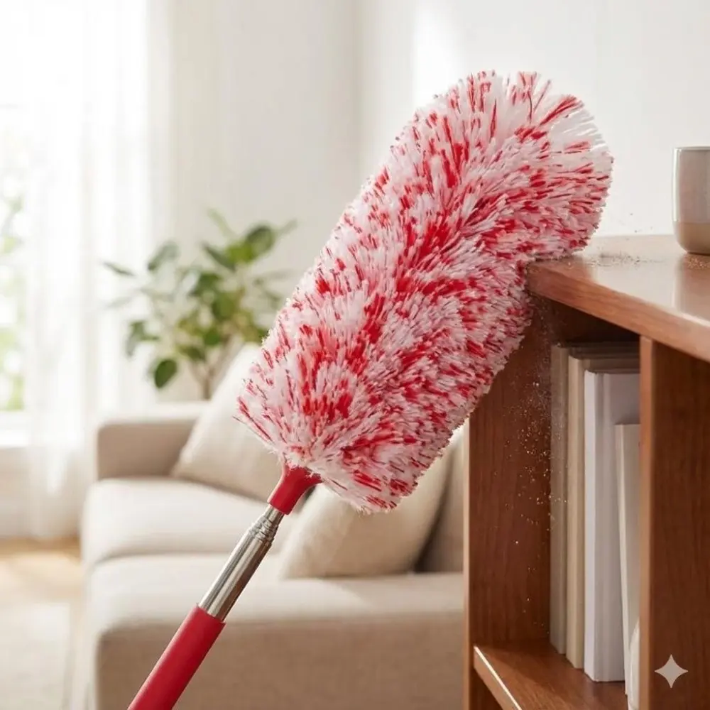 Telescopic Duster Pole, 3-Section Adjustable for Various Heights, Anti-Static Feather Duster Head for Dust-Free Cleaning on Blinds, Lights, Furniture, Washable & Reusable Cleaning Brush, Microfiber Duster, Home Cleaning Tool