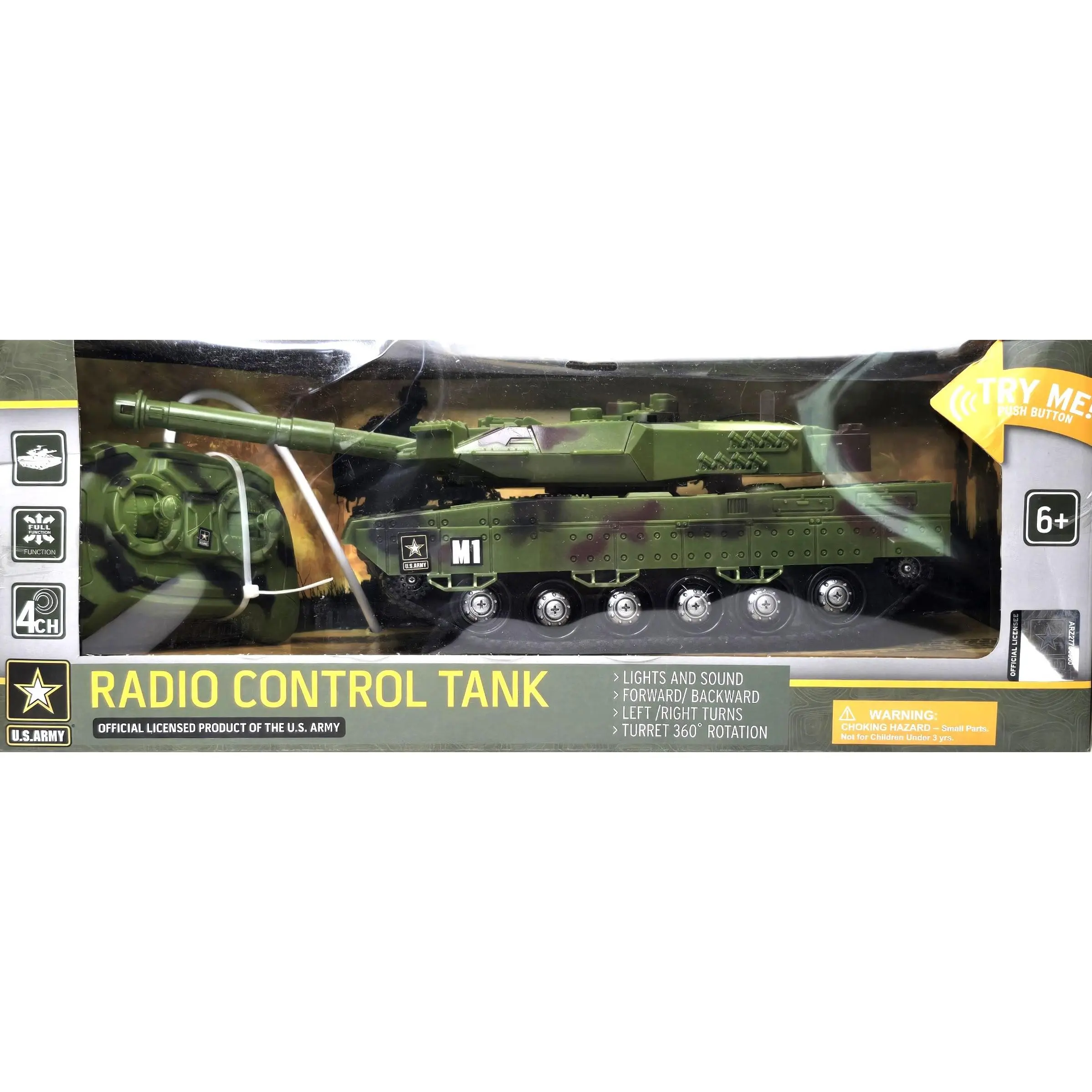 US ARMY Radio Control Tank with Lights and Sounds, Forward/Back, Left/Right 6+