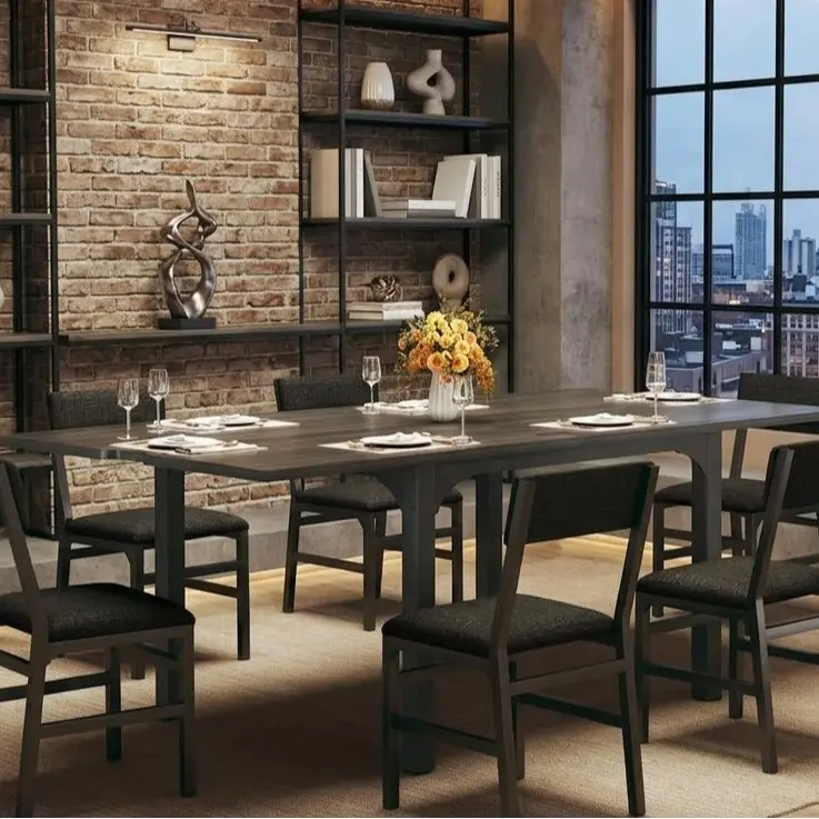 7-Piece Dining Table Set for 4-6, Extendable Kitchen Table Cushion Chairs Set of 6 with 6 Chairs, Rectangle Dining Table with Metal Frame & MDF Board, Folding for Small Apartment Saving Space,Grey Oak