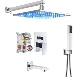 LED Rainfall Shower System Shower Head Combo Set with Tub Filler Handheld Shower Luxury Rough-in Valve Included Wall Mount Bathroom Shower Mixer Faucet 8 Inch Shower Head Chrome