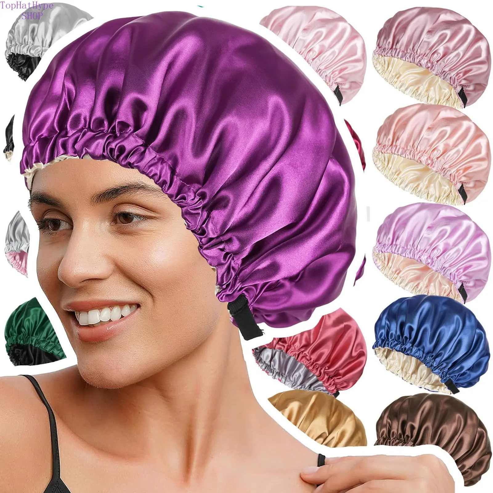Women's Soft Satin Double-Layer Sleep Bonnet - Adjustable Size with Button Closure, Reversible Bonnet Hats, Breathable Haircare Night Cap for Nighttime & Beauty Salon Use, Satin Fabric Headwear, Satin Bonnet Hats