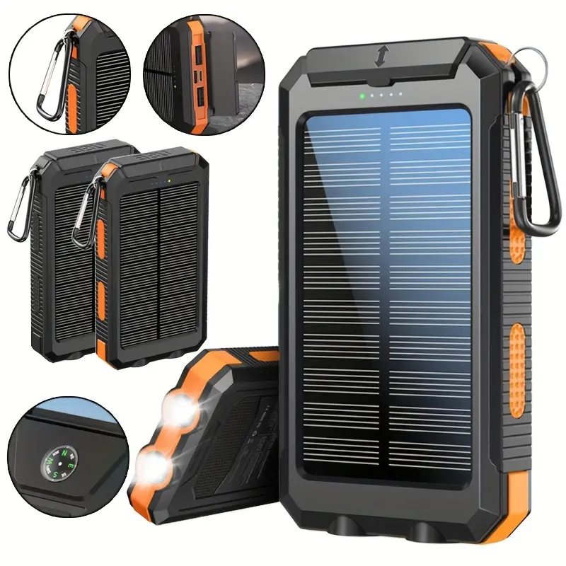 Portable Solar Mobile Phone Charger, Camping External Battery Charger For Mobile Phones, 2 USB/ LED Flashlights With Compass For Outdoor Activities, 10000mAh Portable Solar Power Bank
