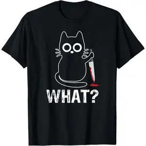 What?-Funny Cat With Knife Graphic Design T-Shirt