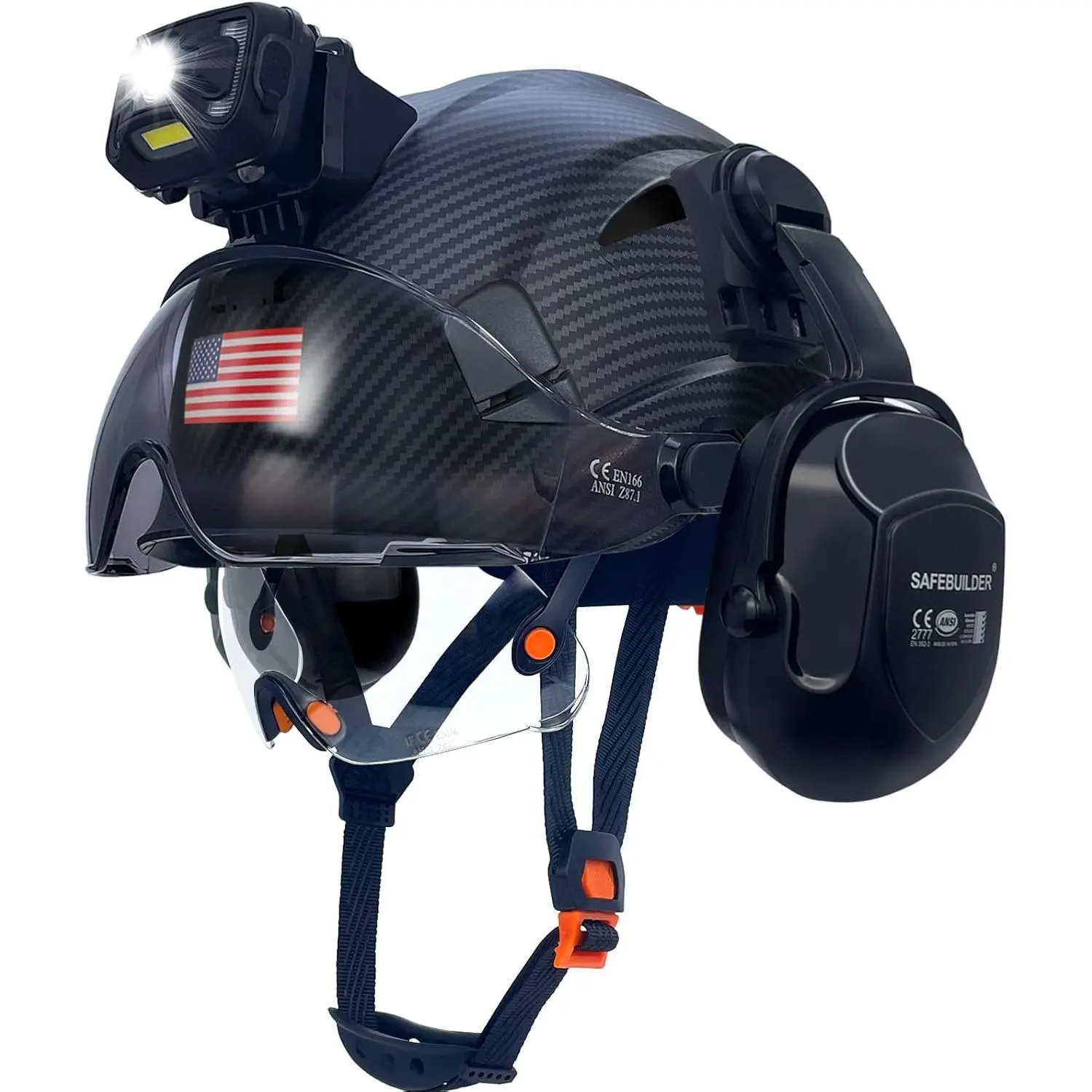 Polycarbonate Safety Helmet for Construction with Built-in Light, Vented Design for Outdoor Jobsite, 6-Point Suspension, Dual Visors & Adjustable Hearing Protection, Work Safety Equipment, Industrial