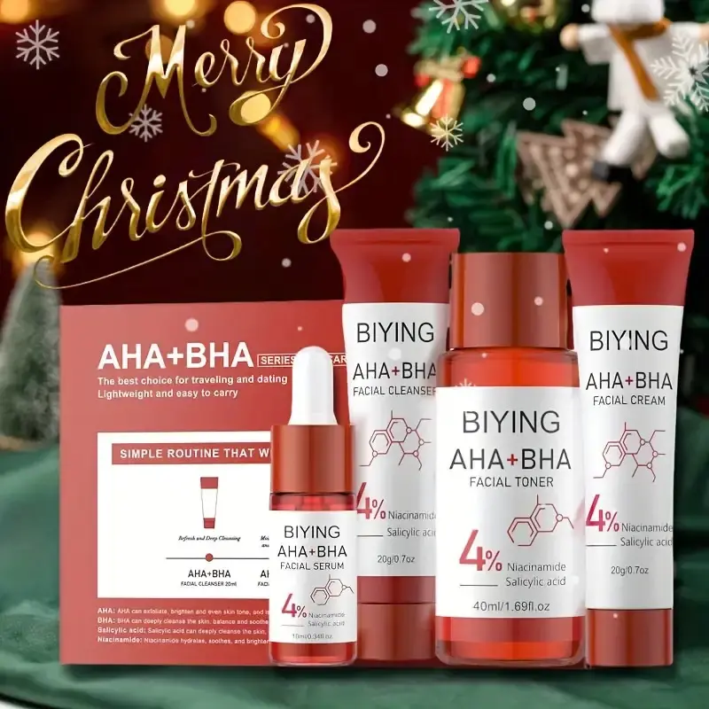 4pcs Korean Skincare Gift Set, Skin Care Sets: AHA BHA Facial Cleanser, Serum, Moisturizer & Toner with 4% Niacinamide & Salicylic Acid for Sensitive Care, Daily Routine & Holiday Gifts (Sensitive/Blackhead/Whitehead Prone) Moisturizing Set