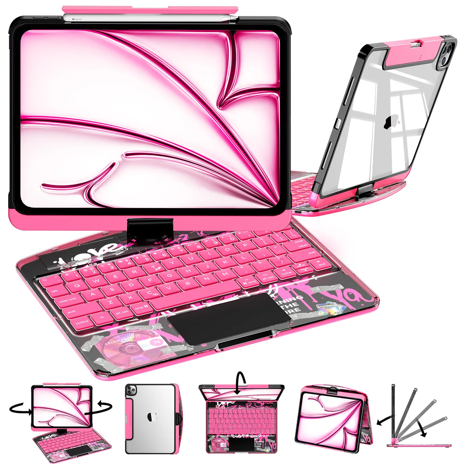 [Summervibes] NAIDUN Latest 360 Swivel Keyboard with Y2K style tranparent case for iPad Hard PC Back 7 Color Backlight Wireless Tablet Accessories ipad case Transparent