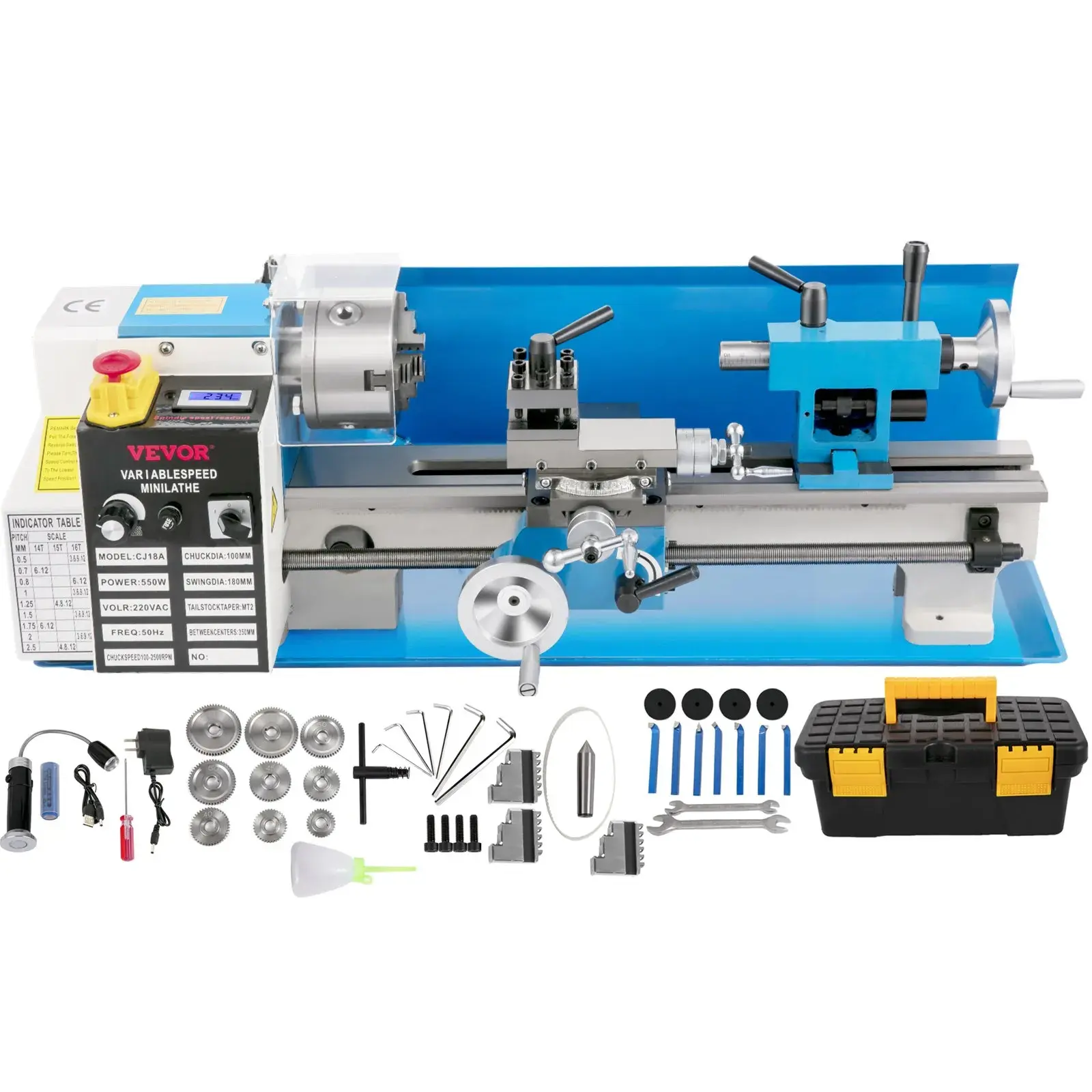 【Summerfinds】VEVOR 7"x14" Compact Metal Lathe, 550W Adjustable Speed 50 to 2500 RPM, 3-Jaw Chuck, Digital Display, 4-Way Tool Post, Threading Capability, Tool Box for Metalworking (Fathersday Deal), Tools