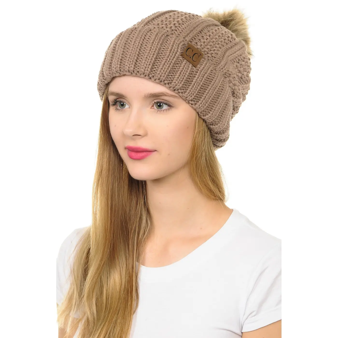 Thick Cable Knit Beanie with Faux Fur Pom Pom Fleece Lined Warmth Cuff Cap Beanie - C.C Winter Warm Hat Solid YJ820 pompom