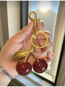 New Cherry Shaped Pendant 1pc Elegant Sparkling Resin Crystal Fruit Keychain Charm Handbag Accessories for Women