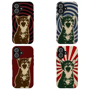 FL-Retro Screaming Cat Phone Case,Vintage Cat Phone Case,Retro Red Black Swirl Print Shockproof Cover For iPhone 11 12 13 14 15 16 17 Air Pro Max for Samsung S26 S25 S24 S23 S22 S21 Case,Gift for her/him