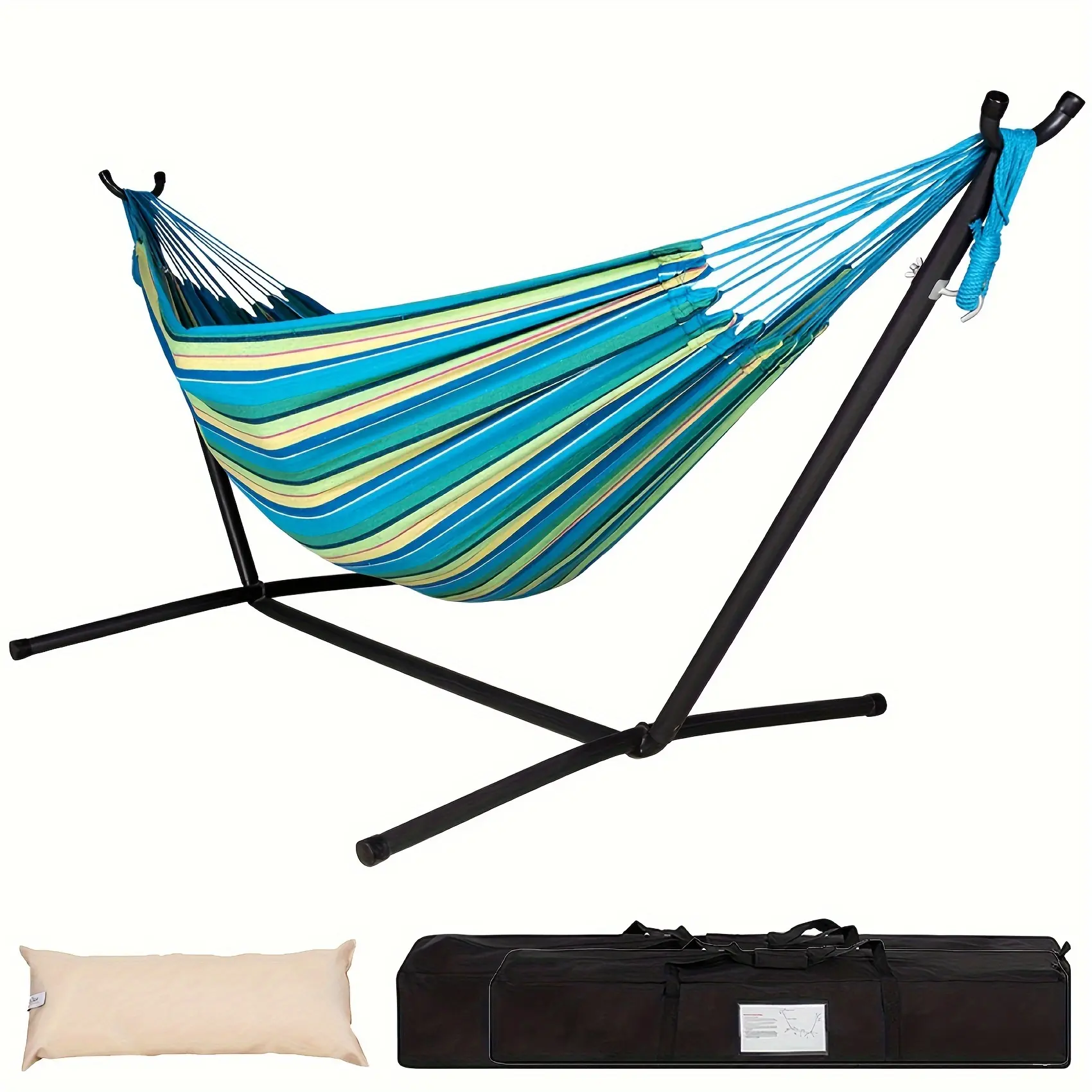 Lazy double hammock with steel frame - 450 lbs weight capacity, blue outdoor/indoor hammock, comes with a carrying case and headrest, space-saving design, sturdy steel frame, suitable for camping, patio, balcony, backyard - durable fabric, no assembly req