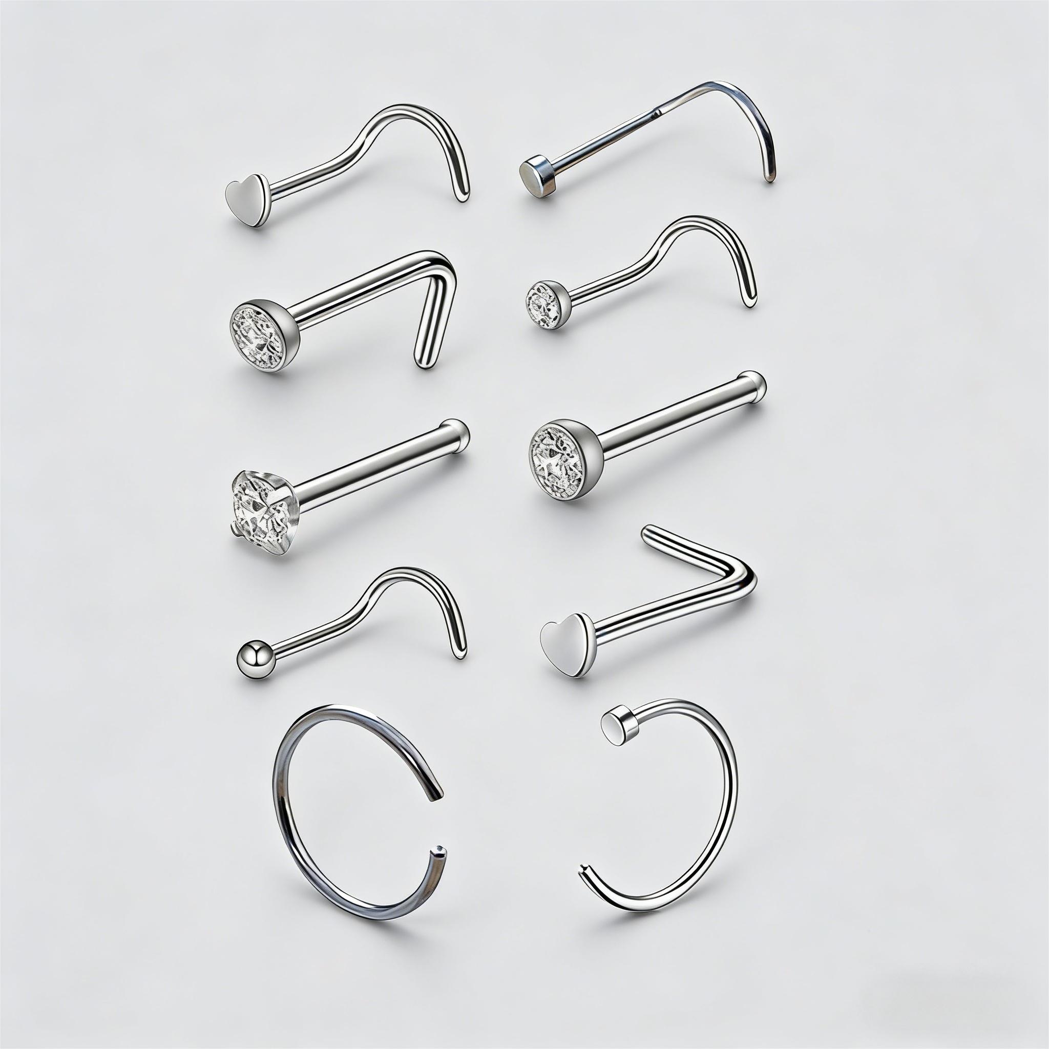 10PCS Nose Studs Set, 316L Stainless Steel CZ Nose Rings, Hypoallergenic Nose Jewelry