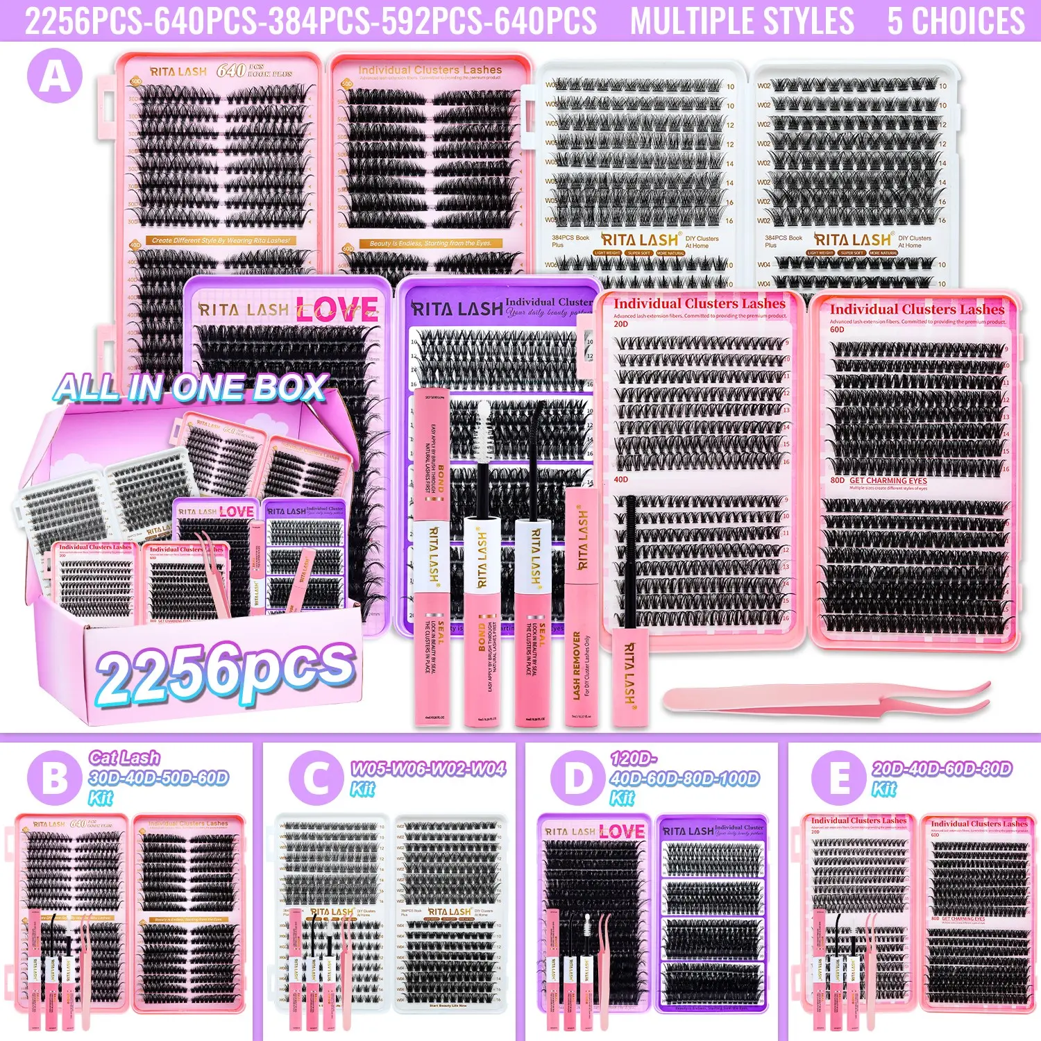 RITALASH Large Pack Lash Book Cluster Kit, D Curl DIY Individual Volume Lash Clusters with Bond & Seal Extension Glue, Wispy Bulk False Eyelash Set