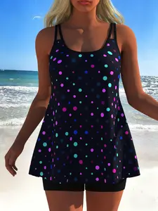 Women's Fashion Tankini Swimsuit Set, Tankini With Shorts, Colorful Small Dot Print, Beachwear for Summer 2026, Casual Style, Slim-Fitting, Tankini Swimwear Set, Tankini Sets