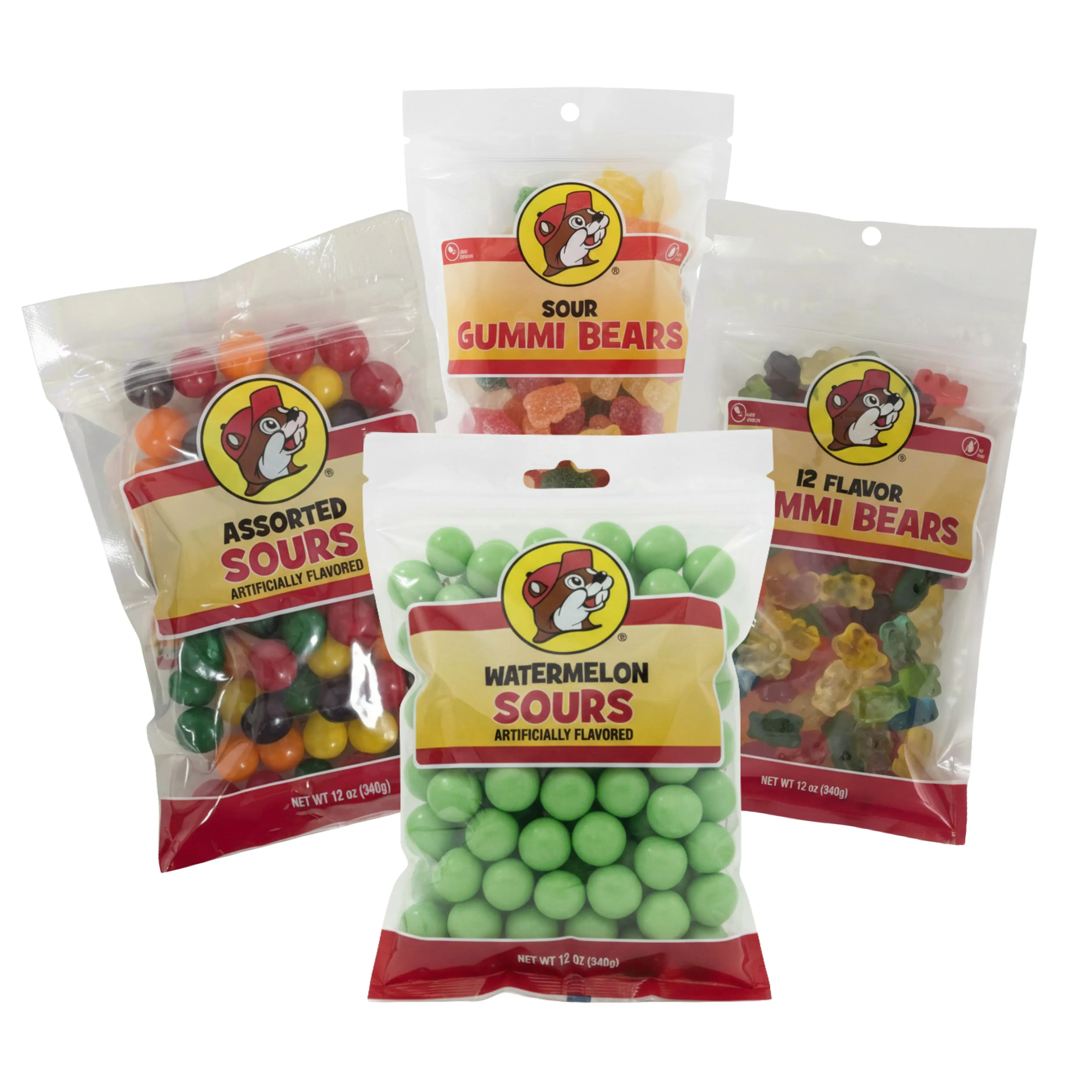 Buc-ee’s Candy Variety Bundle 4-Pack Assorted Sours Watermelon Sours Sour Gummi Bears 12-Flavor Gummi Bears 12 oz Resealable Bags Iconic Road Trip Snacks - Bonbon, Sweet