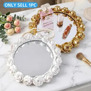 European Courtly Style Rose Ring Mirror Decor Tray, Resin Hand-Painted Romantic Rose Makeup Jewelry Storage, Home Jewelry Organizer, Bathroom Bedroom Living Room Organizer, Restroom Organizer Storage