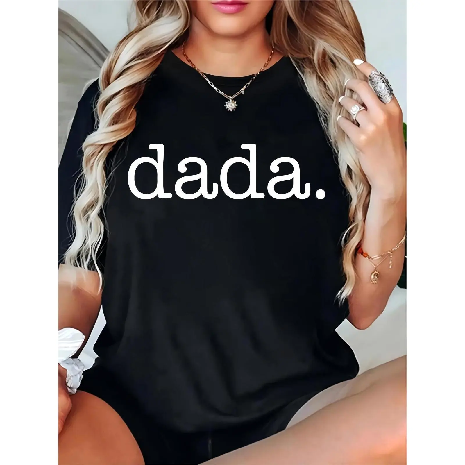 Women's Black Dada Graphic T-Shirt, Casual Short Sleeve Tee with Simple White "dada." Print, Perfect for Father's Day, Daily Wear, Family Gatherings, Comfortable Cotton Top for Women, Basic, Shortsleeve, Ladies, Tshirt, Elegant, Regular Fit, S-Xxxl, Light