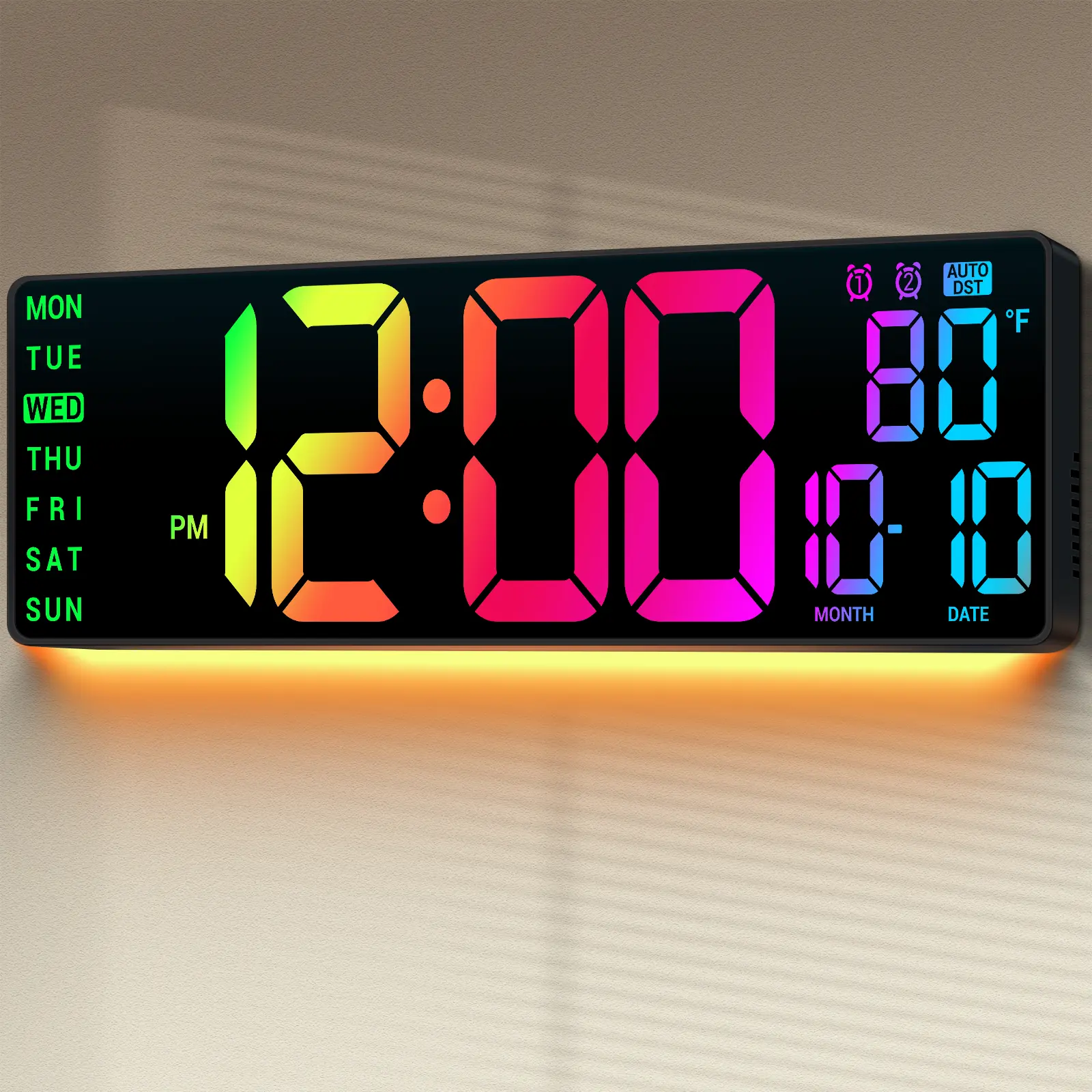 16" Modern Lighted Rectangle Digital Wall Clock - Wall Mount, 11 RGB Colors, Adjustable Brightness, Automatic DST, Temperature Display, Remote Control, Night Light, Decorative Room Accessories - for Living Room, Bedroom
