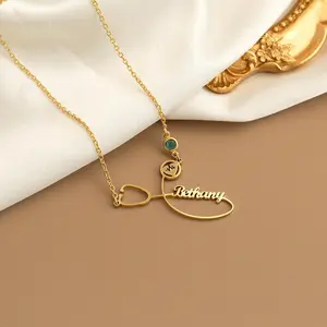 AS156 Customized Name Stethoscope Love Pendant Personalized DIY Birthstone Stainless Steel Necklace Couple Gift