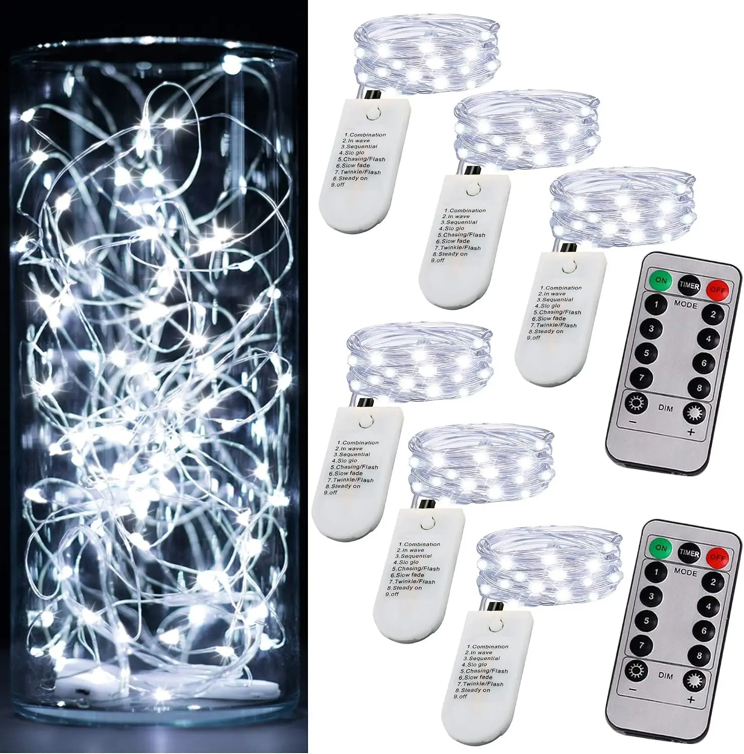 6 Pack Fairy Lights Battery Operated Mini String Lights with Timer 2PCS Remote - 6.5ft 20LED Cool White Firefly Light Waterproof Silver Wire Twinkle Light DIY Mason Jar Wedding Party Christmas Decor